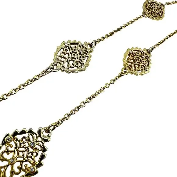 Ann Taylor Filigree Panel Crystal Accented Extra Long Gold Tone 40" Necklace - Picture 4 of 6